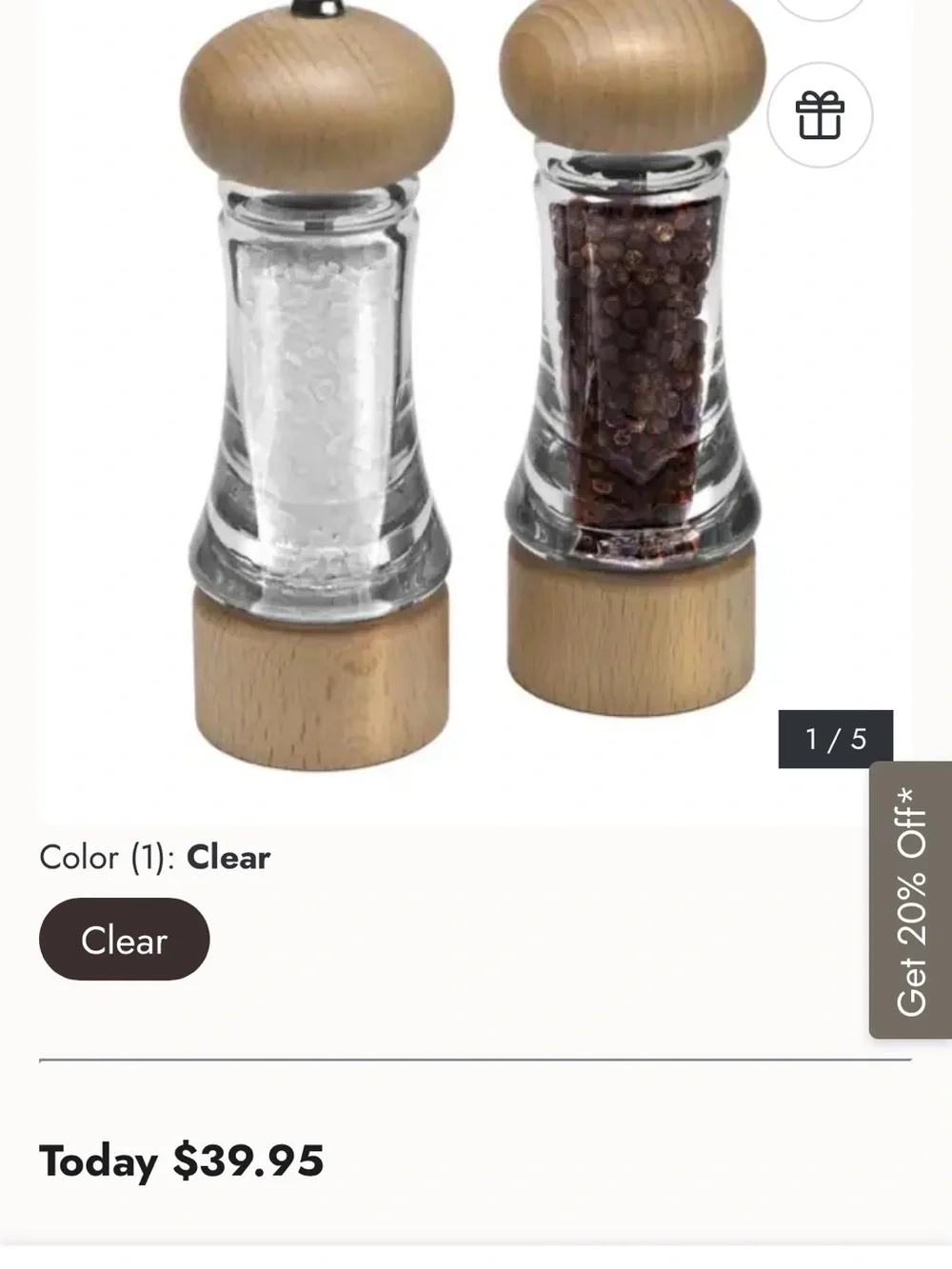 Wood Top Salt and Pepper Mill Set - Clear Acrylic Body, Natural Woody